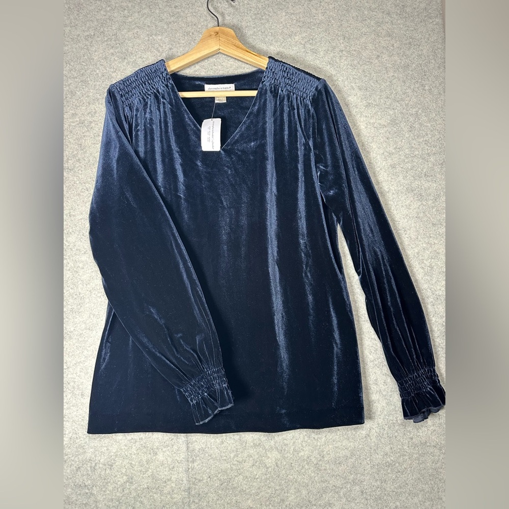 Christopher & Banks Navy Velvet V-Neck Long Sleeve Blouse - Picture 1 of 6